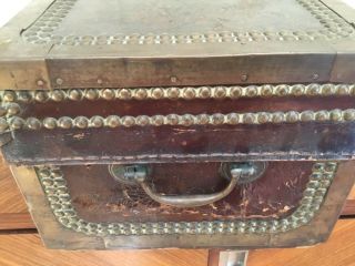 Antique wood leather metal trunk case strong box 19.  5x 9.  75x7.  75” DECORATIVE 5