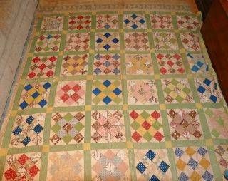 Awesome Large Primitive Antique/vintage Cutter Quilt Green Brown Yellow Red