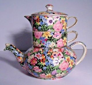 Royal Winton Balmoral Black Chintz Stacking Teapot,  Vintage