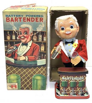 Vintage 1950s Rosko Battery Operated Bartender Tin Toy W/ Box Made In Japan