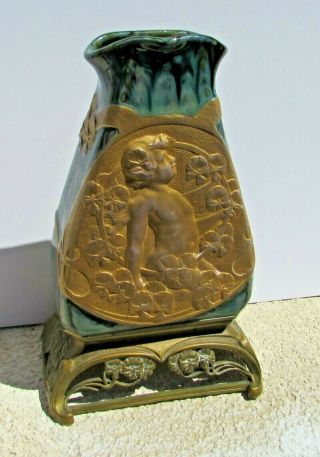Antique Louchet Paris Ciseleur Art Nouveau Bronze Ceramic Vase With Cherub