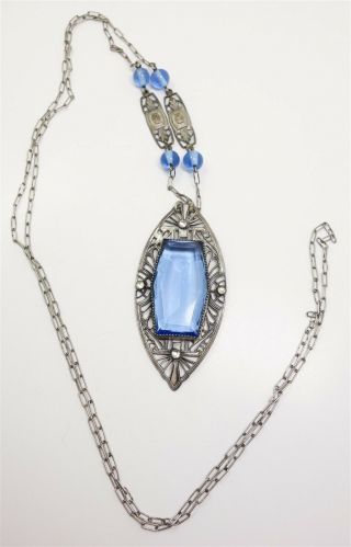 Vintage 1920s Art Deco Blue Stone Sp Filigree Flapper Lavalier Necklace