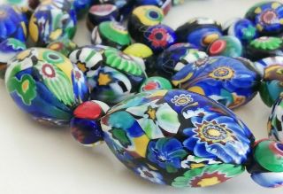 Long Millefiori Vintage Old Art Deco Oval Beads Necklace Italy Venice Murano
