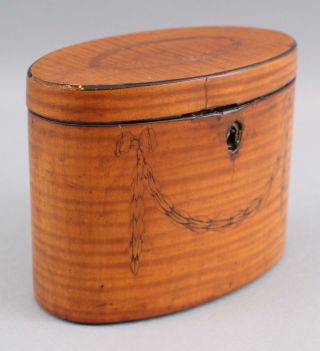 Small 18thc Antique Oval English Tea Caddy Figured Tiger Maple W/ Swags