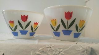 Vintage Fire King Oven Ware Tulips Kitchen Nesting Mixing Bowls Set Of 2 Ivory