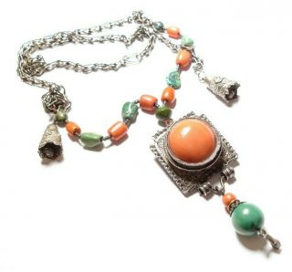 Long Vintage Or Antique Chinese Silver & Large Coral Necklace