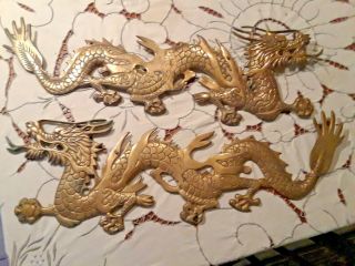 Pair Vintage Brass Oriental Dragon Wall Hangings 23 1/2 " Long By 7 " Wide,