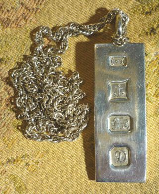 39g Vintage 925 Solid Sterling Silver Ingot Pendant Chain Necklace Hallmark 1978