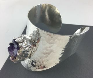 Vtg Signed Jacob Hull Modernist Silver Cuff Bracelet & Purple Rough Cut Amethyst 3