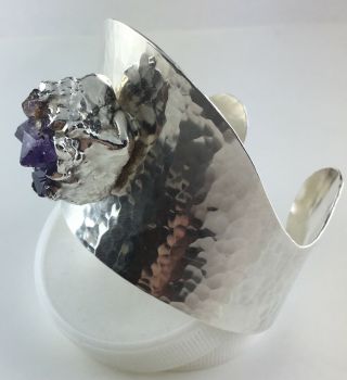 Vtg Signed Jacob Hull Modernist Silver Cuff Bracelet & Purple Rough Cut Amethyst 6