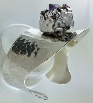 Vtg Signed Jacob Hull Modernist Silver Cuff Bracelet & Purple Rough Cut Amethyst 7