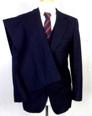 Vtg 60s Famous Barr Navy Pinstriped 100 Wool Canvassed 3 Pc Suit Vested 40 S