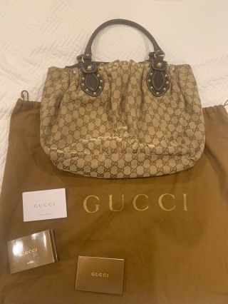 Authentic Rare Gucci Brown Gg Canvas Medium Tote Handbag With Studs -