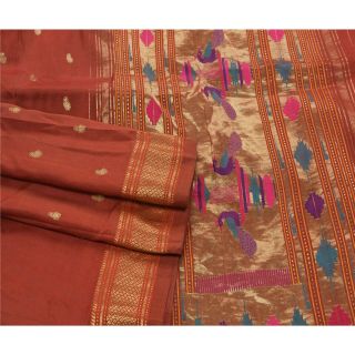 Sanskriti Vintage Red Heavy Saree Pure Silk Brocade Zari Woven Craft Fabric Sari 2