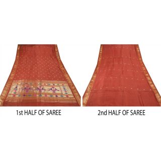 Sanskriti Vintage Red Heavy Saree Pure Silk Brocade Zari Woven Craft Fabric Sari 4