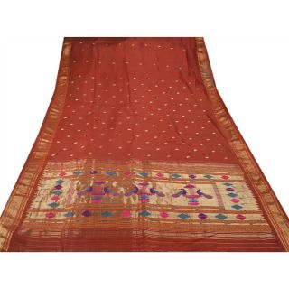Sanskriti Vintage Red Heavy Saree Pure Silk Brocade Zari Woven Craft Fabric Sari 7