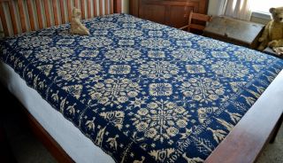 Antique Dated 1849 Two Panel Blue & White Jacquard American Coverlet
