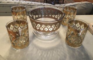 Vintage Culver 22k Gold Ice Bucket And 4 Whiskey Glasses Valencia