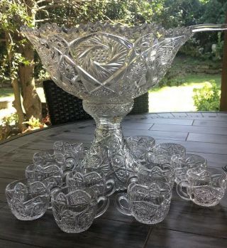 Vintage Imperial Glass Co.  Whirling Star Crystal Punchbowl 15pc Set
