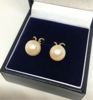 Vintage 9ct Gold Cultured Saltwater Pearl Earrings Clips Large 8.  5mm Pearl