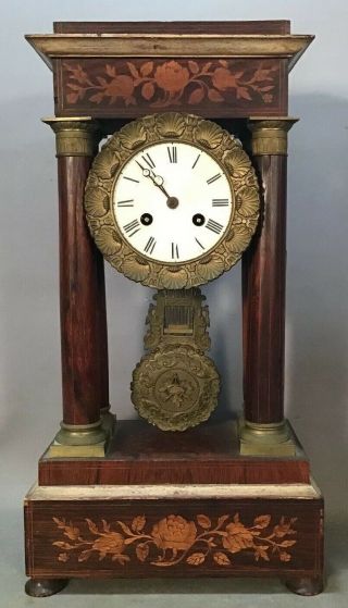 19thc Antique Victorian Era French Portico Style Wood Column Floral Mantle Clock