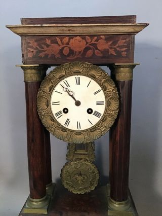 19thC Antique VICTORIAN Era FRENCH PORTICO Style WOOD COLUMN Floral MANTLE CLOCK 2