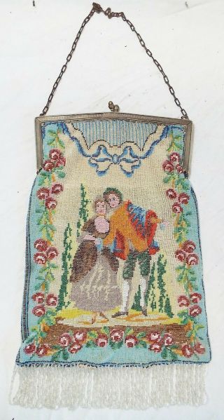 Large Antique Vintage Micro Glass Beaded Bag Purse Figures Frame W/ Mirror