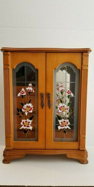 Vintage Wooden Jewelry Organizer With Hand - Painted 2 Door Floral Detail On Glass