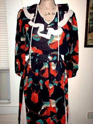 Vtg Diane Freis Georgette Ruffled Black & Red Floral Dress One Size 8