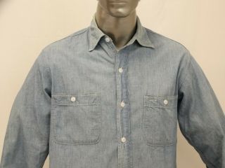 Vtg 50 ' s Blue Chambray Work Shirt Cotton W.  T.  Grant Co.  Distressed 2