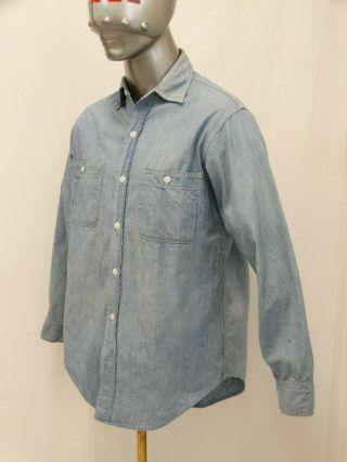 Vtg 50 ' s Blue Chambray Work Shirt Cotton W.  T.  Grant Co.  Distressed 3