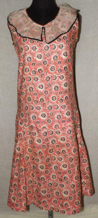 Orig Vtg 20s Flapper Summer Cotton Floral Deco Print Fabric Dotty Love Dress S M