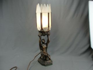 Rare Antique Figural Art Deco Era 6 Panel Lamp Light Copper Washed Spelter Metal