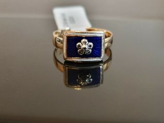 Vintage 14k Yellow Gold Blue Enamel Ring With Rose Cut Diamond