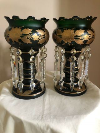 Antique Victorian Bohemian Emerald Green Gold Gilt Hand Painted Mantle Lusters