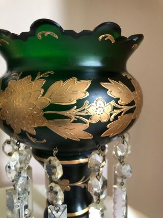 Antique Victorian Bohemian Emerald Green Gold Gilt Hand Painted Mantle Lusters 9