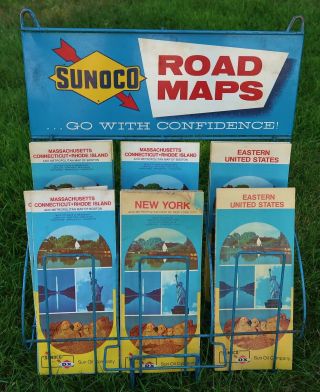 Vintage Sunoco Road Maps " Go With Confidence " Display Rack W/ Maps,  Advertising