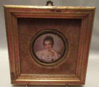 Vintage French H.  P.  Signed Miniature Portrait Of Mmme Recamier,  Gilded & Beaded
