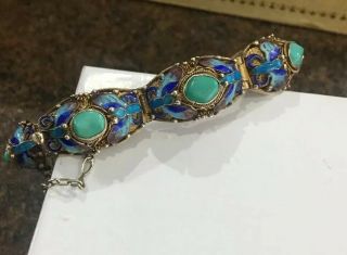 Vintage Chinese Export Gold Over Sterling Turquoise And Enamel 7” Bracelet