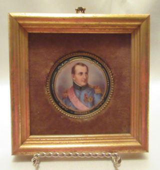 Vintage French H.  P.  Signed Miniature Portrait Of Napoleon I,  Gilded & Beaded