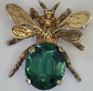 Vintage Gugliemo Cini Gold On Sterling Silver Emerald Rhinestone Bee Insect Pin