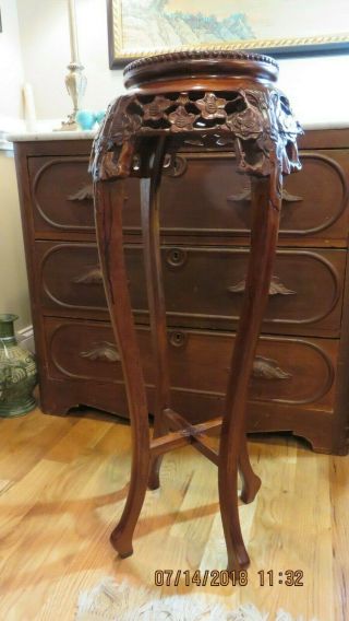 Vintage Carved Wood Wooden Plant Stand Table Marble Inset Asian Design 35.  5 "