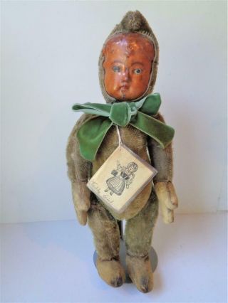 Rare Antique 1908 Teddy Bear Girl Celluloid Face Doll Mohair Body Jointed