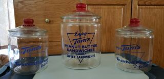 Tom ' s Vintage Glass Jars - 1 Large and 2 Medium Size with Lids 2