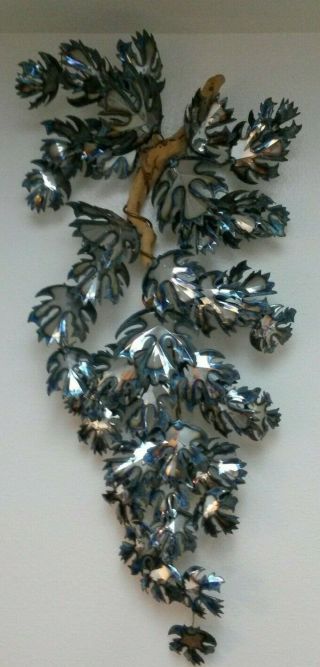 Mid Century Silver & Cobalt Torch Cut Cascading Leaves Wall Sculpture.  Lovely
