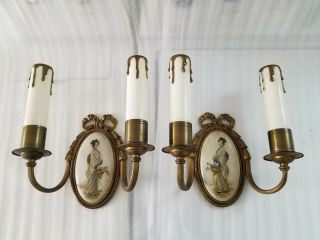 Vtg Pair Ornate Brass Wall Sconces Candlestick Holders Hand Painted Japan Woman