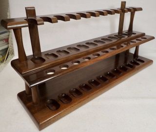 Lg Vintage Walnut Wood Tobacco Pipe Rack Display Stand Holder For 24 Mid Century