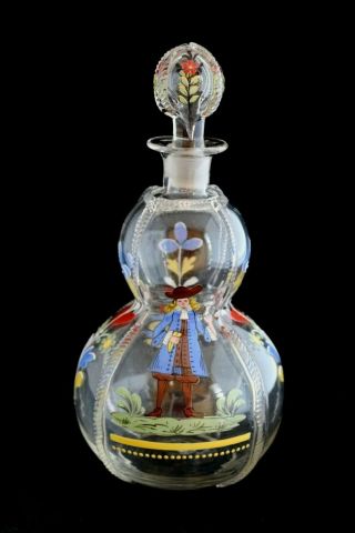 Vintage Bohemian Enameled Hand Painted Bottle Decanter With Stopper
