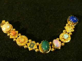 Vintage Victorian Cameo Enamel Opal Jade Lapis Coral Gold Slide Charm Bracelet