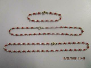 Two Vintage 9ct Gold Coral And Pearl Beaded Necklaces And A Matching Bracelet.